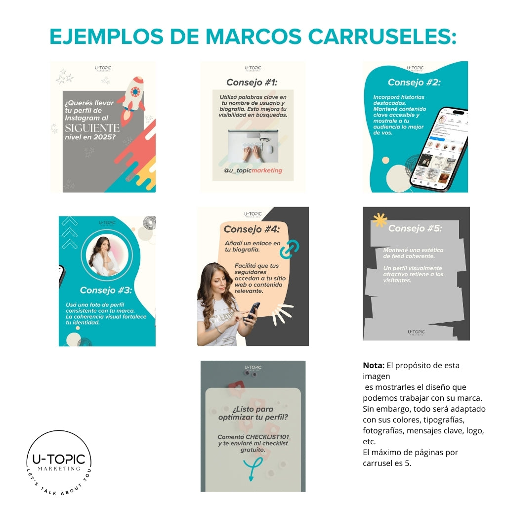 Contenido personalizado, redes sociales, branding, marca, plantillas, carruseles, flat posts, stories, historias
